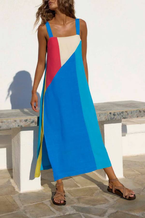 Color Block Striped Linen Blend Slip Maxi Dress