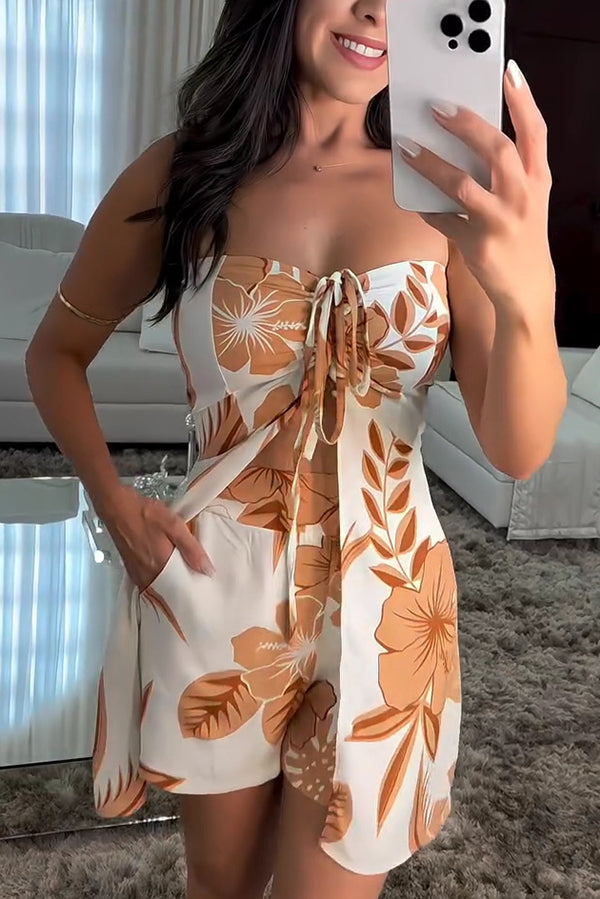 Floral Print Sexy Bandeau Drawstring Top and Elastic Waist Pocket Shorts Set Khaki