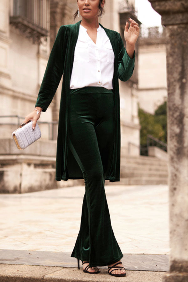 LUXE LADY VELVET LONG SLEEVE OPEN FRONT DRAPE MIDI KIMONO Green