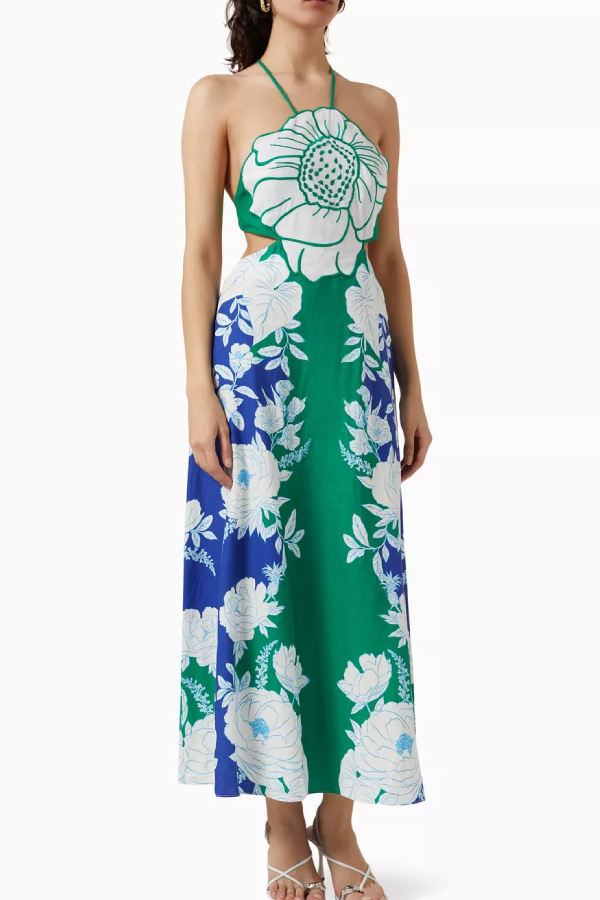 Linen Blend Flower Detail Back Lace-up Halter Midi Dress