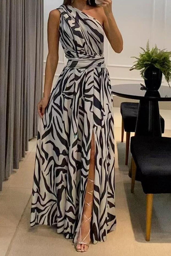 Sexy One Shoulder Sleeveless Printed Long Dress With Split Back White