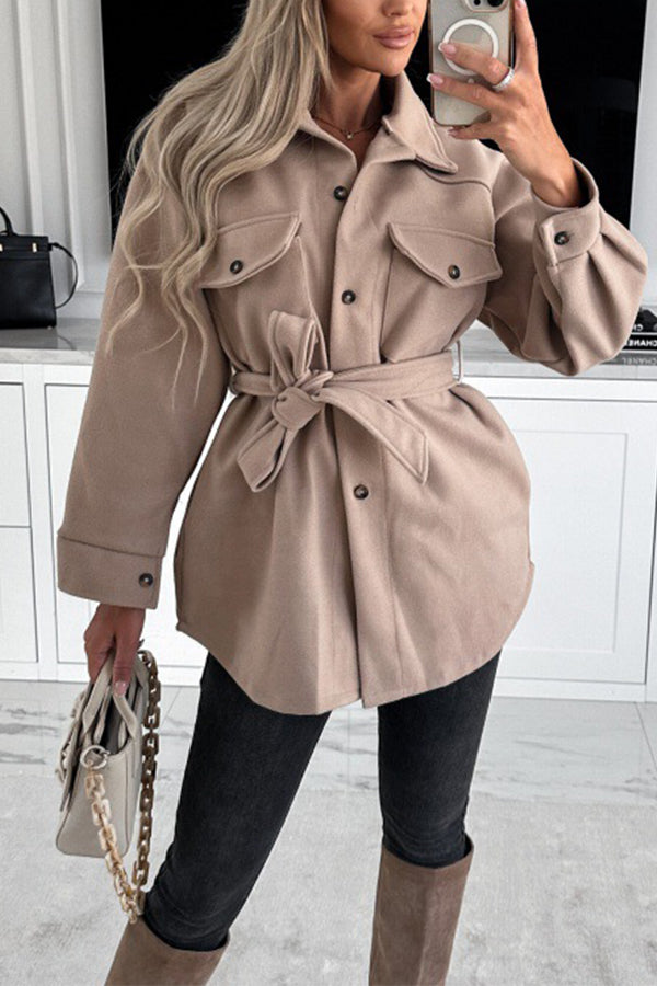Lhoib Lace Up Solid Pocket Buttoned Long Sleeve Jacket Khaki