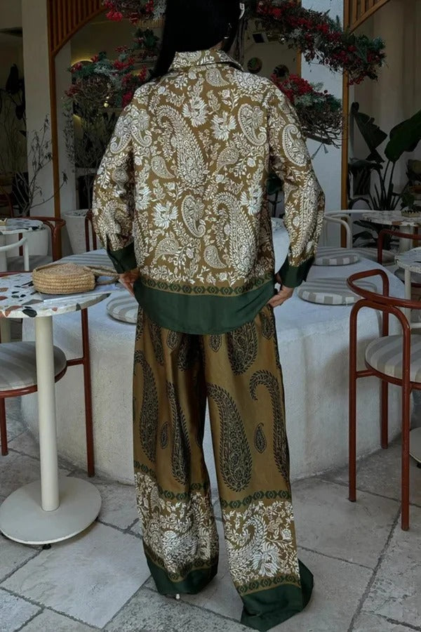 Naya Satin Contrast Color Paisley Long Sleeve Shirt and Elastic Waist Pocketed Pants Set