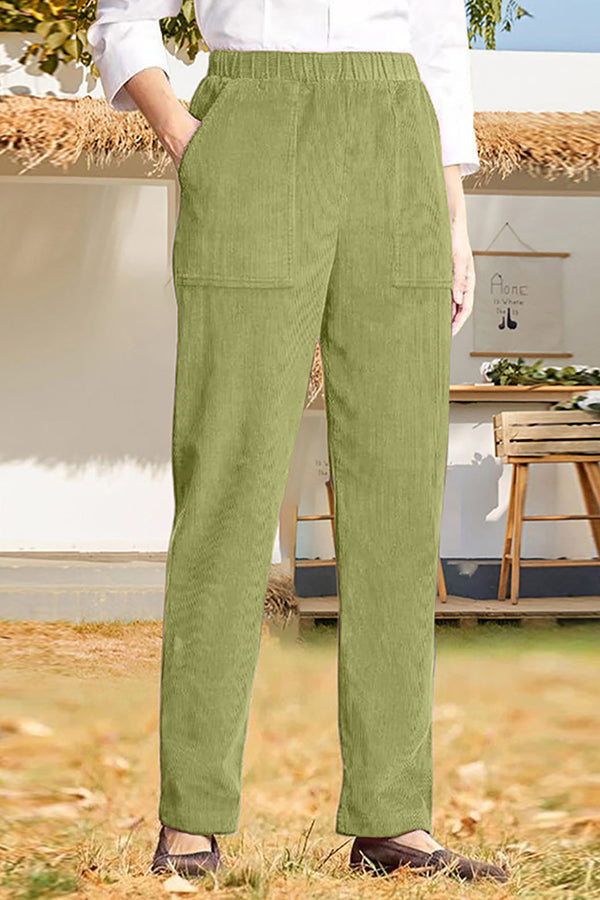 Solid color elastic waist striped straight casual pants Green