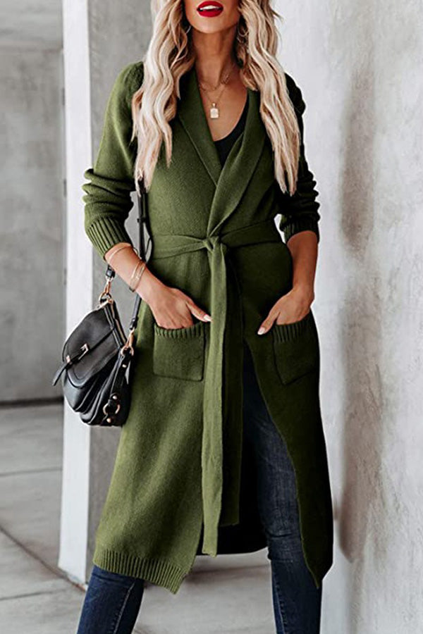 Knitted Tie Lapel Cardigan Sweater Jacket Green