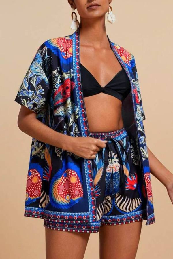 Tropical Bird & Floral Print Kimono Top & Shorts Set