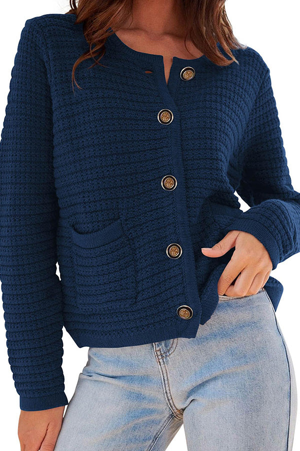 Retro long-sleeved round neck knitted new cardigan Navy blue