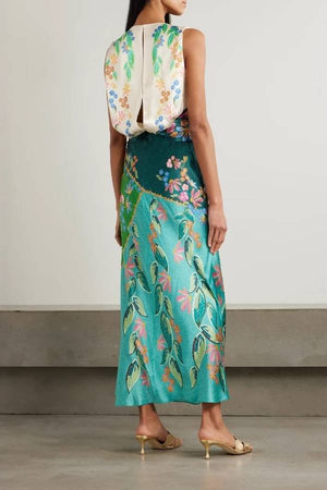 Tropical Flower Twisted Waist Sleeveless Satin Maxi Dress