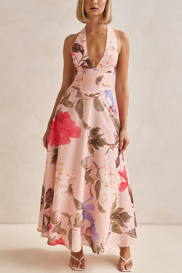 Terez Linen Blend Floral Print Halter Backless Tie-up Maxi Dress Pink