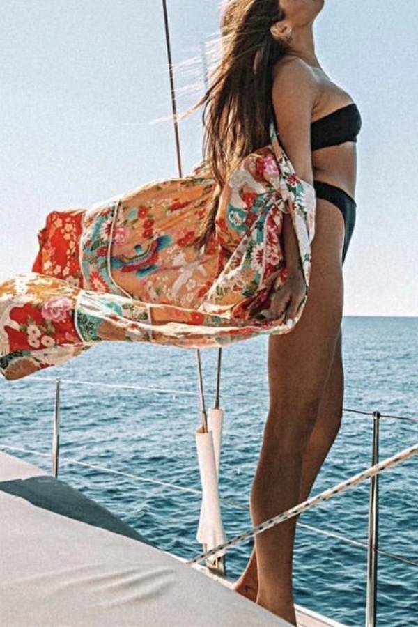 Floral Print Loose Open-Front Kimono Cover-Up