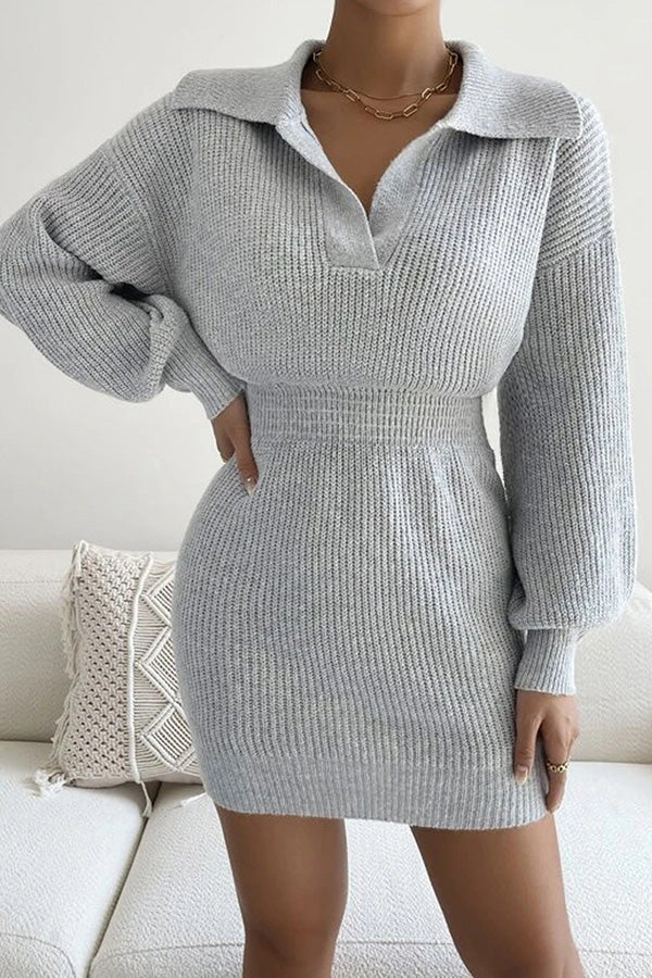 Lapel Balloon Sleeve Knit Dress Grey