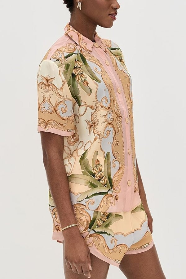 Royalty Unique Print Button Up Short Sleeve Shirt and Elastic Waist Pocketed Loose Shorts Set