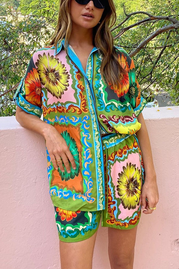 Disco Daisy Unique Printed Colorblock Button Oversized Shorts Set MULTICOLORv