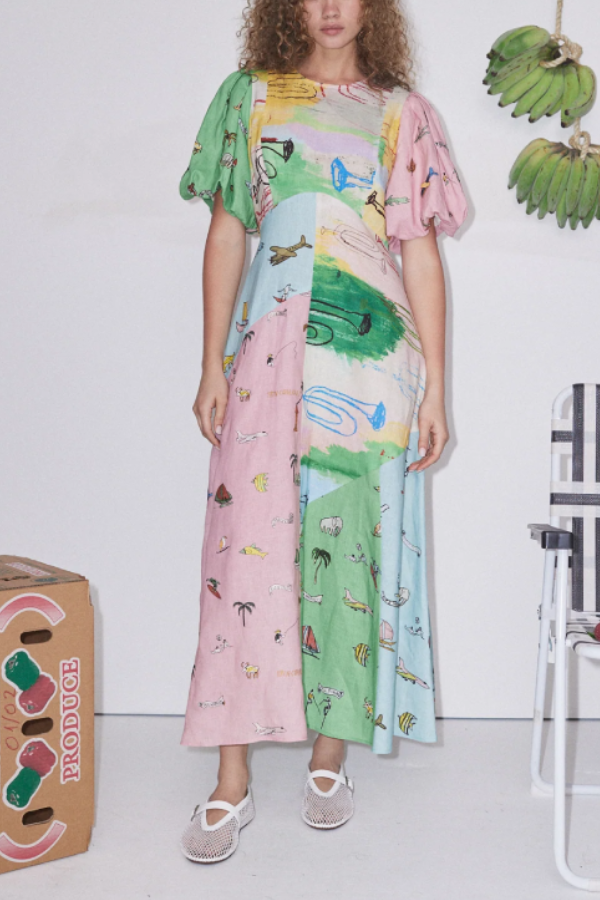 Puff Sleeve Paneled Resort Style Print Dress Green