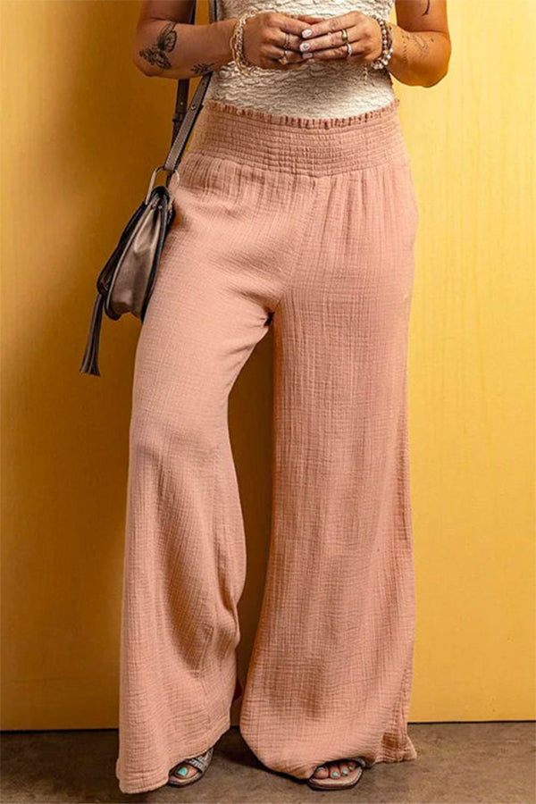 Smocked Elastic Waist Wide Leg Cotton Linen Pants Pink