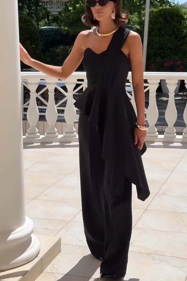 Ensemble haut asymétrique à col en cœur et ourlet à volants Amena et pantalon large à taille élastique avec poches