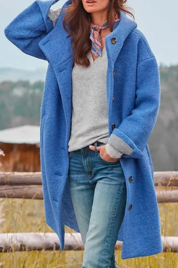Casual Loose Solid Color Hooded Single-breasted Woolen Coat Blue