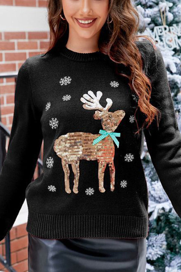 Cute Christmas knitted sweater with deer embroidery Black