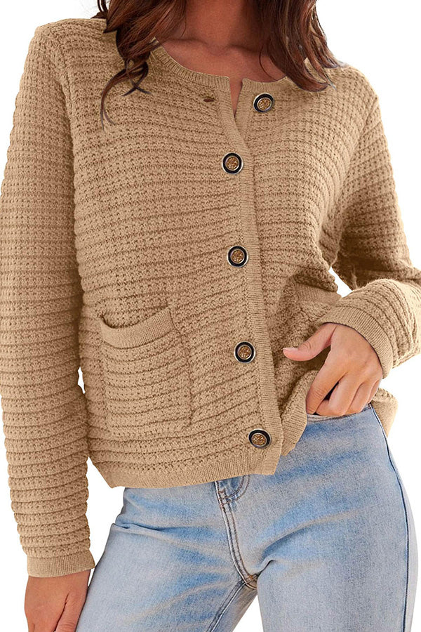 Retro long-sleeved round neck knitted new cardigan dark khaki