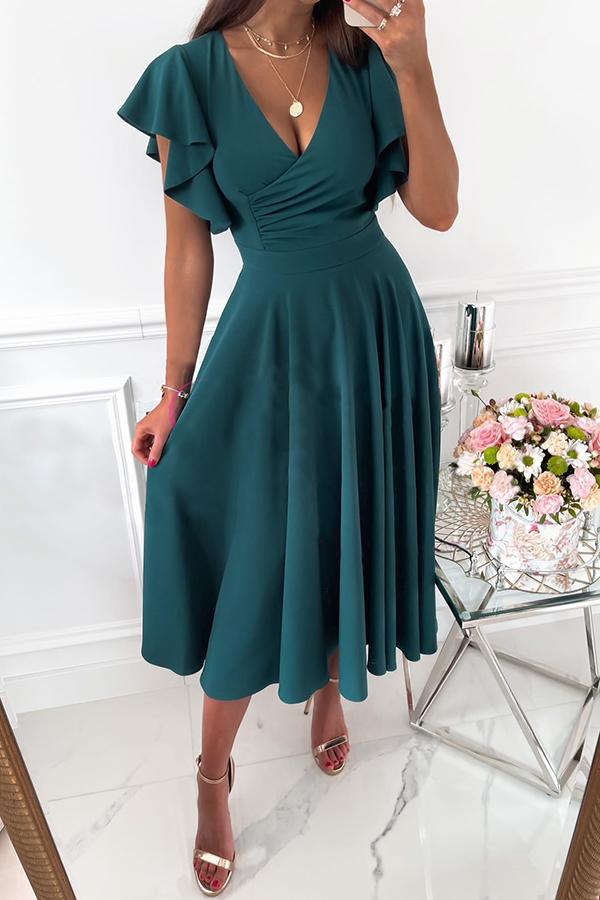 Ruffle Sleeves Midi Dress Green