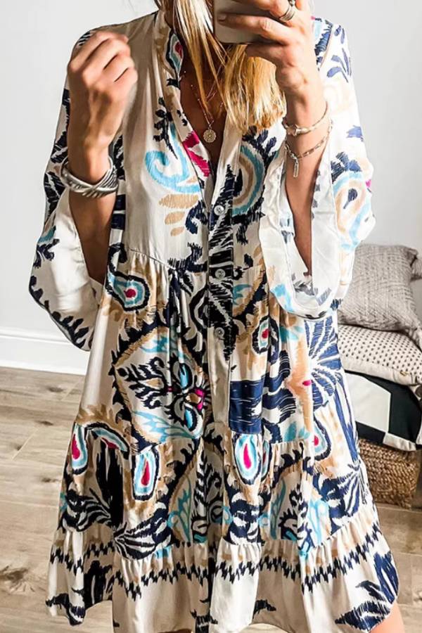 Bohemian Ethnic Print V‑Neck Ruffle Sleeve Mini Dress