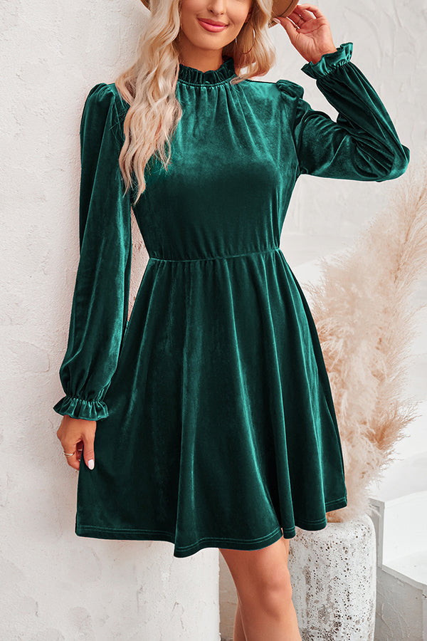 Turtleneck Long Sleeve Velvet Mini Dress Blackish Green
