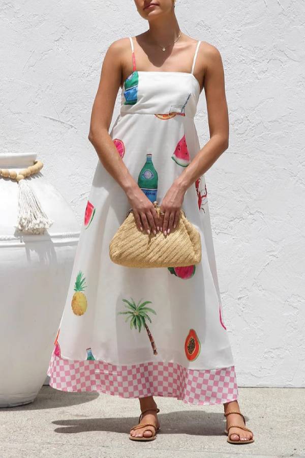 Vacation Style Fruit & Drink Print Spaghetti Strap Maxi Dress