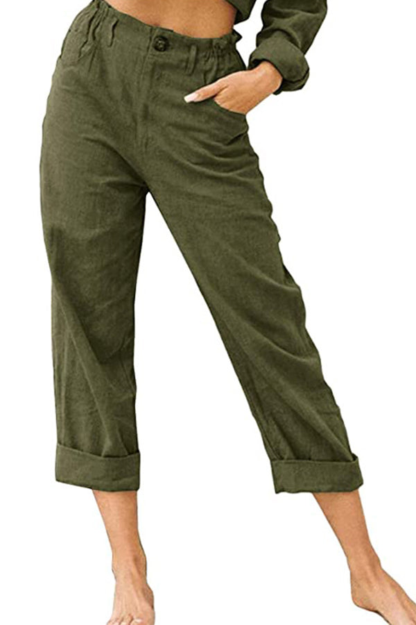 Solid color cotton and linen fashionable loose high waist casual pants Green