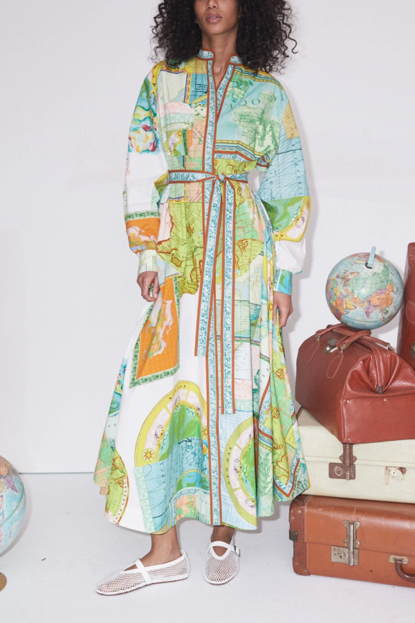 Travel Around The World Unique Print Balloon Sleeve Belt Shirt Midi Dress Green