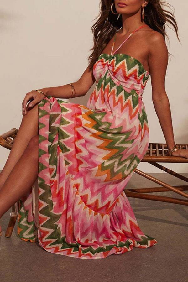 Tropical Print Halter Neck A-Line Dress