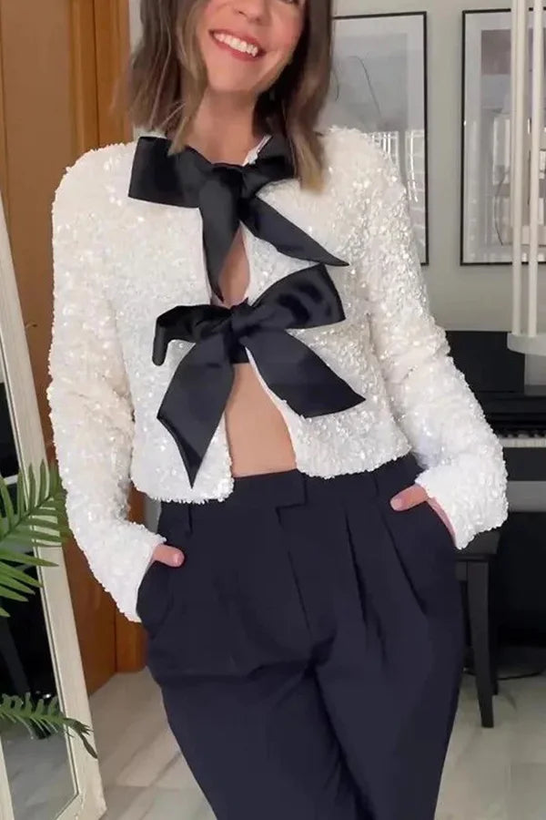 Two Ways To Celebrate Tie-front Bow Sequined Jacket White