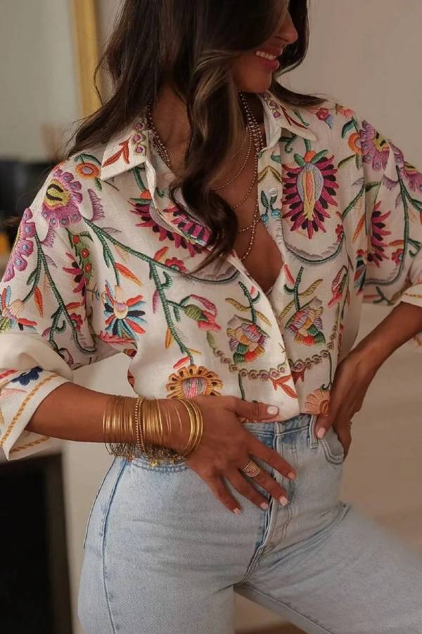 Boho Colorful Floral Print Loose Shirt