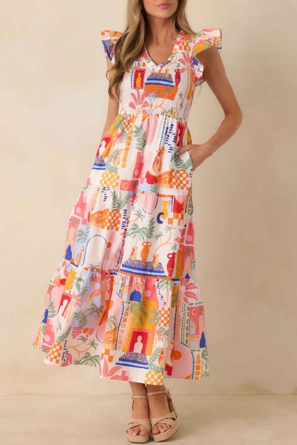 Colorful Print V-Neck Flutter Sleeve Smocked Waist Tiered Maxi Dress