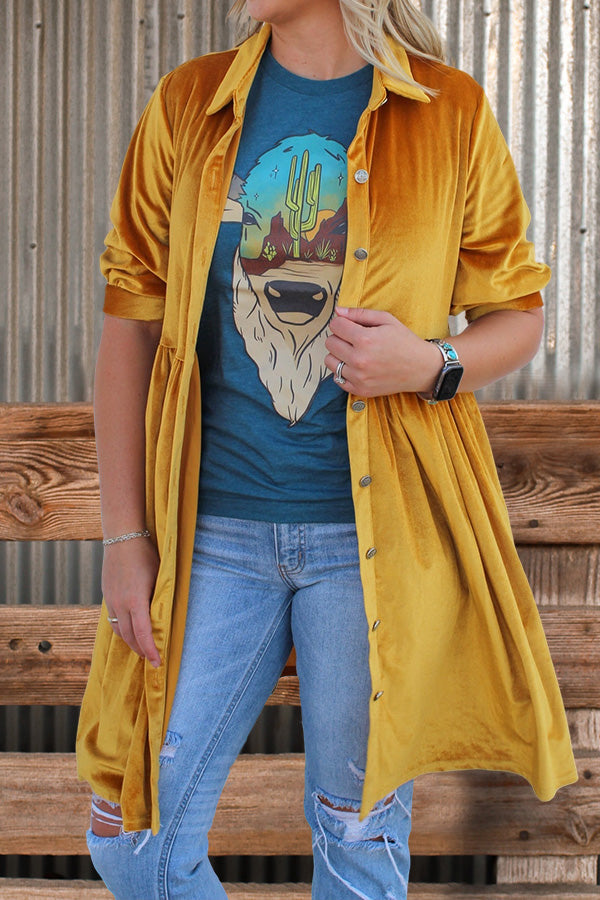 Vintage Button Shirt Collar Velvet Duster Yellow