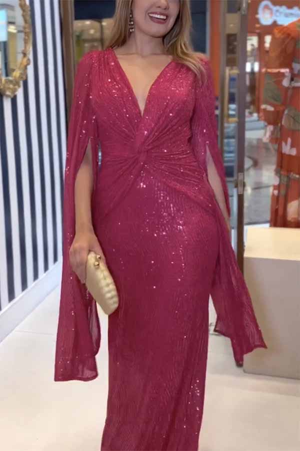 Shine Brighter Sequin Cape Sleeve Cross Waist Evening Maxi Dress Red