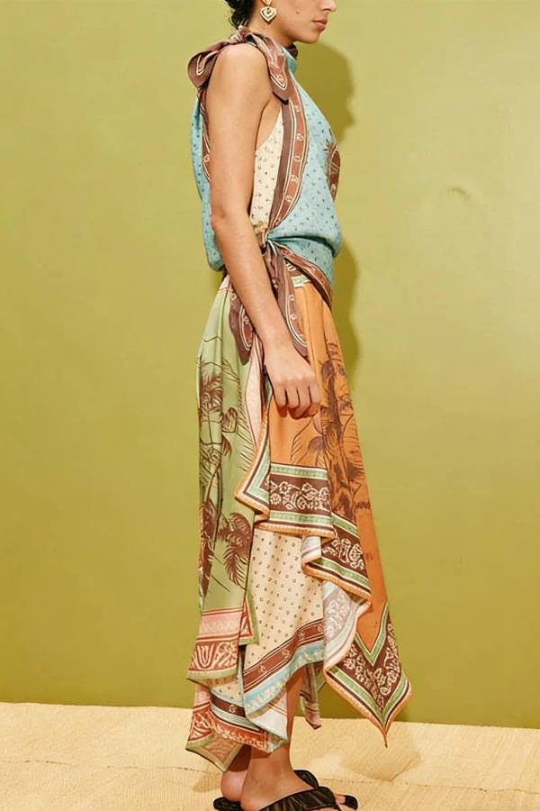 Alberta Satin Unique Color-blocked Print Tie Detail Layered Scarf Midi Dress