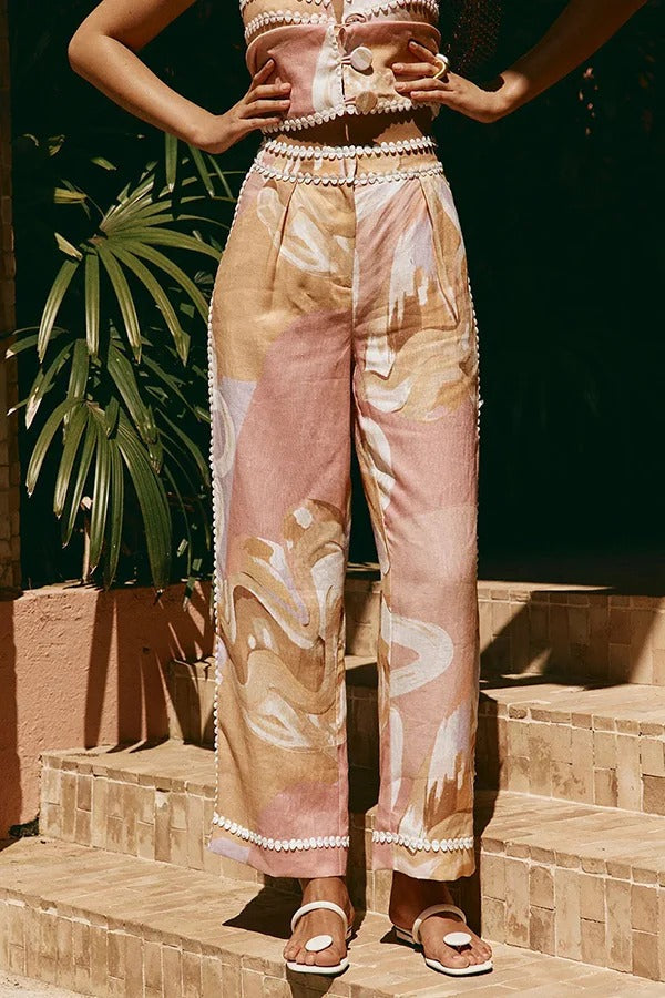 European Summer Linen Blend Ric Rac Trims High Rise Pocket Loose Pants