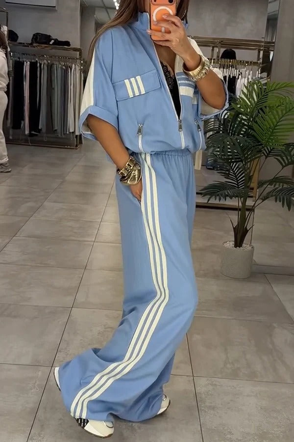 Fashionable Sporty Color-blocked Stripes Half Sleeve Zipper Drawstring Top and Elastic Waist Pocket Pants Set