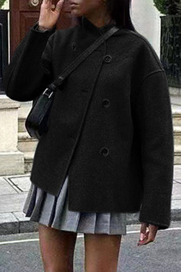 British Style Elegant Solid Buttons Mandarin Collar Outerwear Black