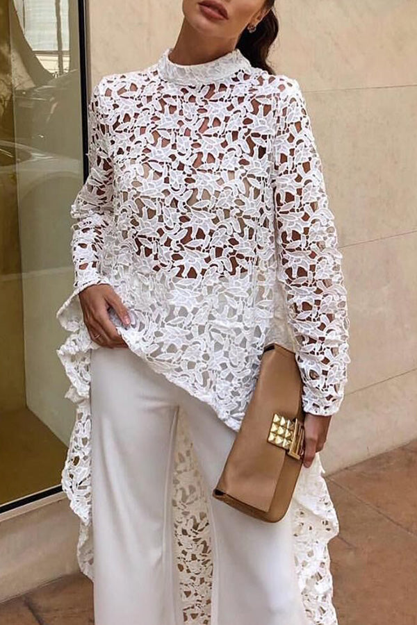 White Crochet Lace Cutout Long Sleeve Top White