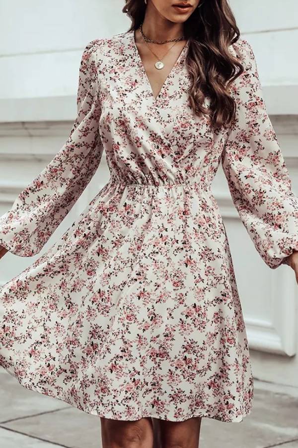V-neck floral print fitted waist long-sleeved dress