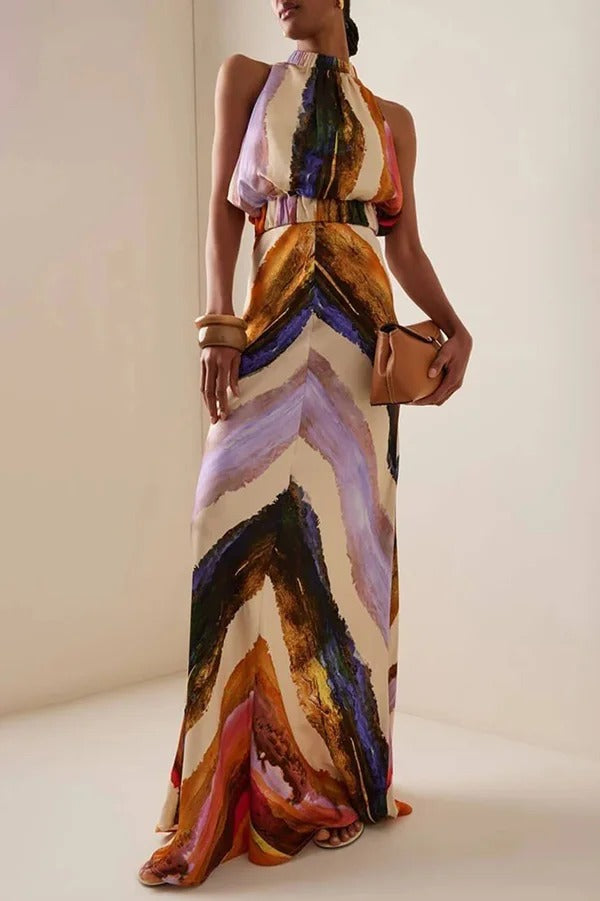 Unique Print Sleeveless Stretch Stand Collar Top and Elegant Maxi Skirt Set