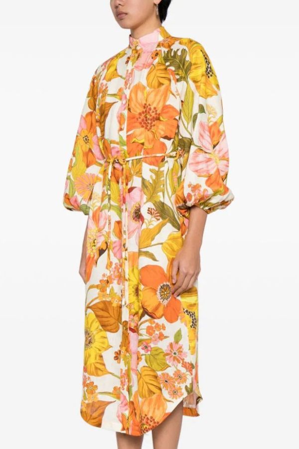 Floral Print Fashion Puff Sleeve Fitted Swing Midi Dress