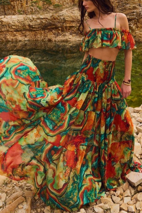 Ocean Views Colorful Lava Print Ruffle Crop Tank and Smocked Hidh Rise Maxi Skirt Set