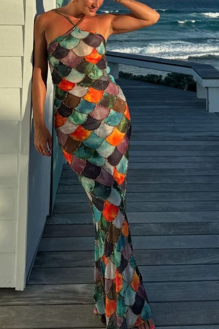 Little Mermaid Colorful Scales Print Halter Maxi Dress