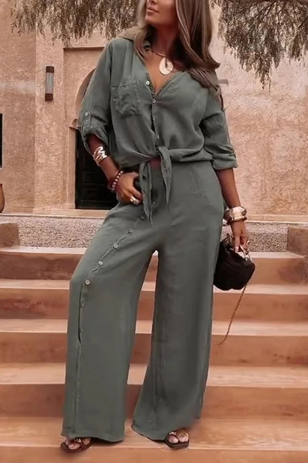 Einfarbiges, lässiges Button-Down-Hemd mit Revers und weitem Hosenset mit Taschenschlitz