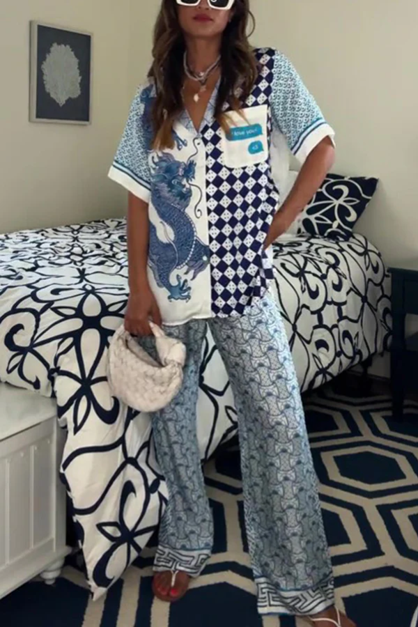 Unique Dragon Print Short Sleeve Loose Shirt and Elastic Waist Pocket Pants Set Blue