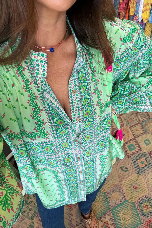 Splendor By The Sea Unique Print Balloon Sleeve Button Loose Shirt Green