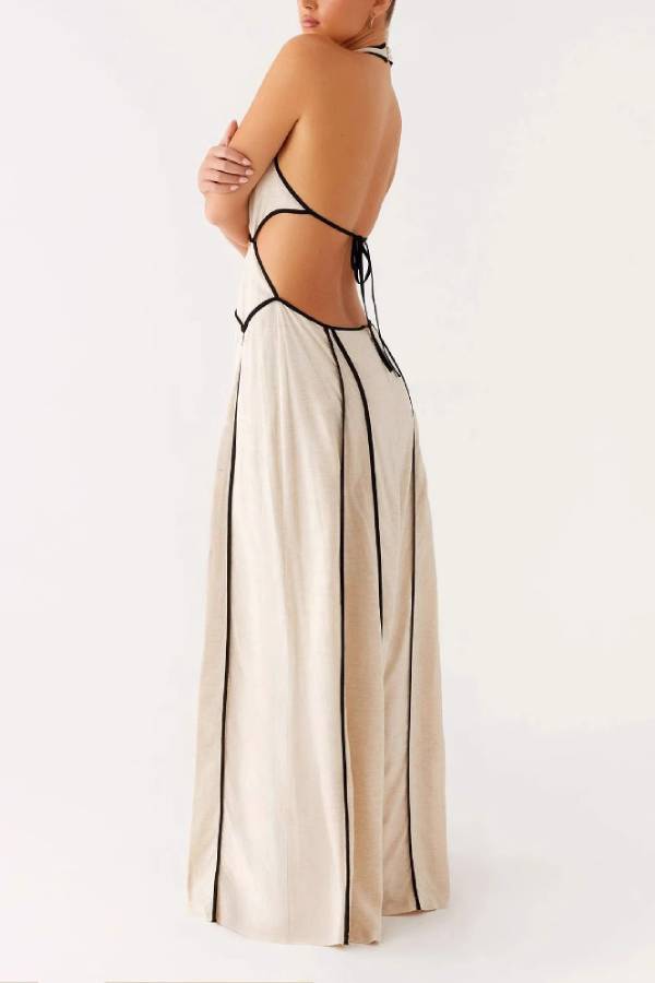 Halter Neck Deep V Contrast Trim Cutout Backless Maxi Dress