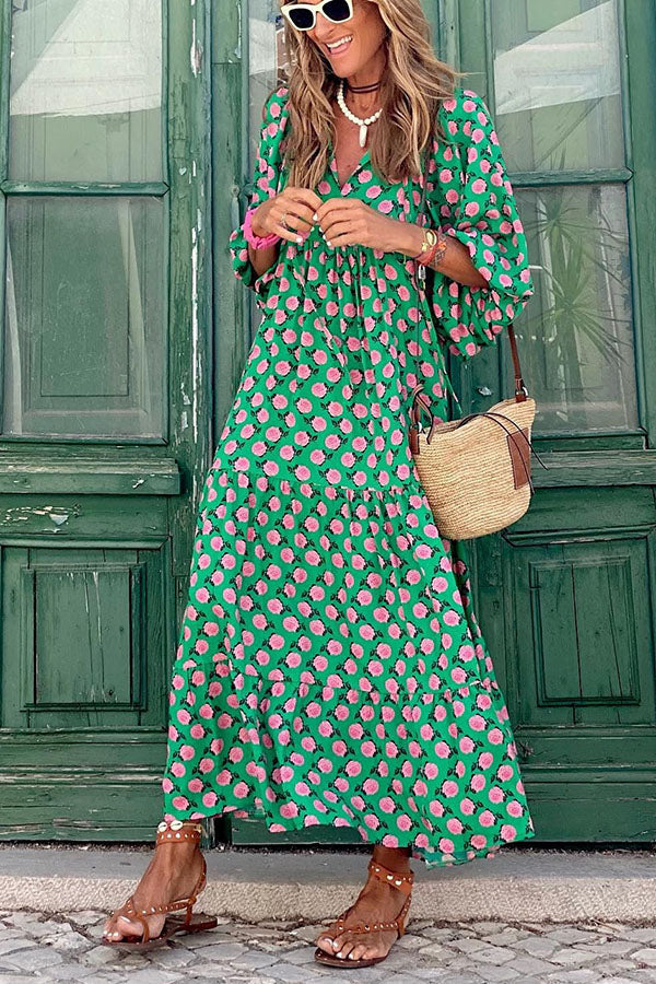 Puff Sleeve Tiered Midi Dress Green